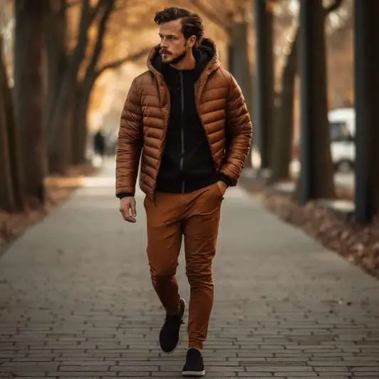 Puffer Jacket With Brown Pants Black Shoes