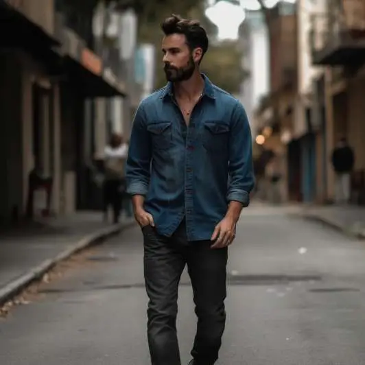 how to style carpenter jeans mens: Denim Shirt With Carpenter Jeans