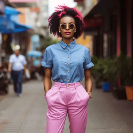 Matching colors for pink pants: Short Sleeve Denim Shirt with Pink Pants