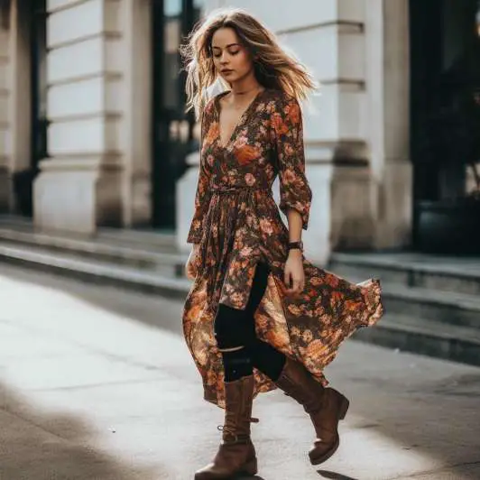 black jeans and brown boots outfit: Floral dress and black jeans with brown suede boots
