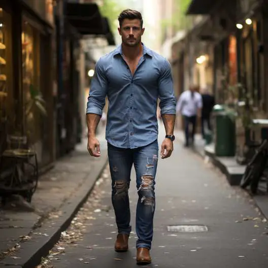 Blue Denim Shirt with Distressed Blue Jeans