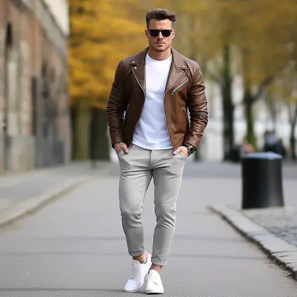 Grey pants sale tan jacket