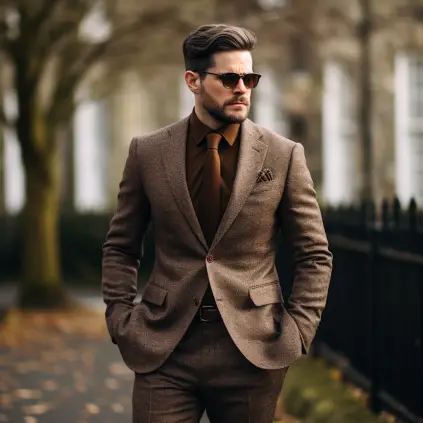 outfit ideas with Brown Jacket and Grey Pants