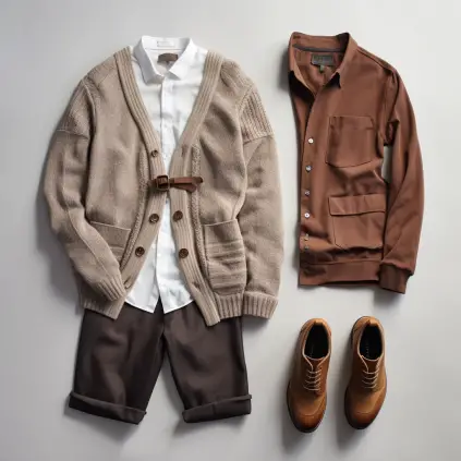 outfit ideas with Brown Jacket and Grey Pants