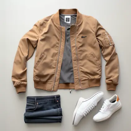 outfit ideas with Brown Jacket and Grey Pants